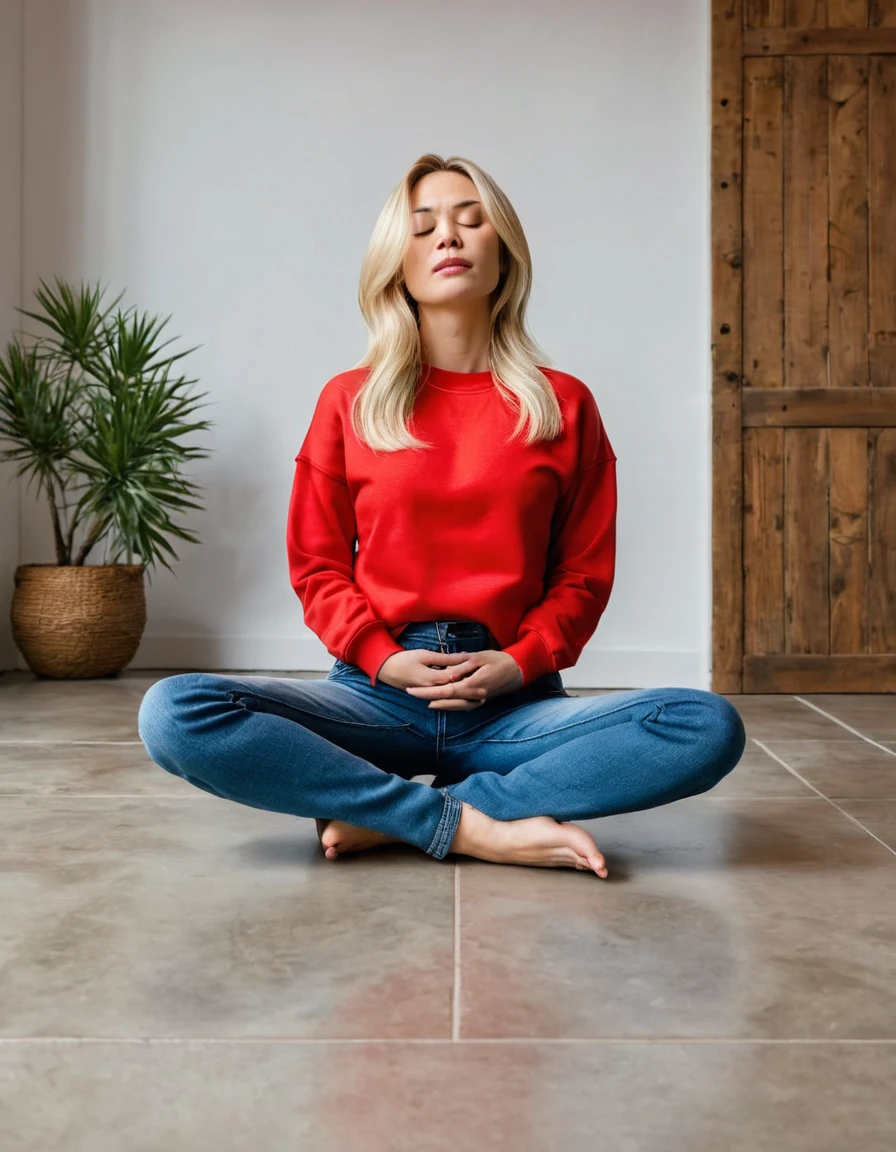 (8k), (Best Quality), (Mastepiece: 1.2) America　　Blonde woman doing zazen　Eyes closed, red sweatshirt　jeans