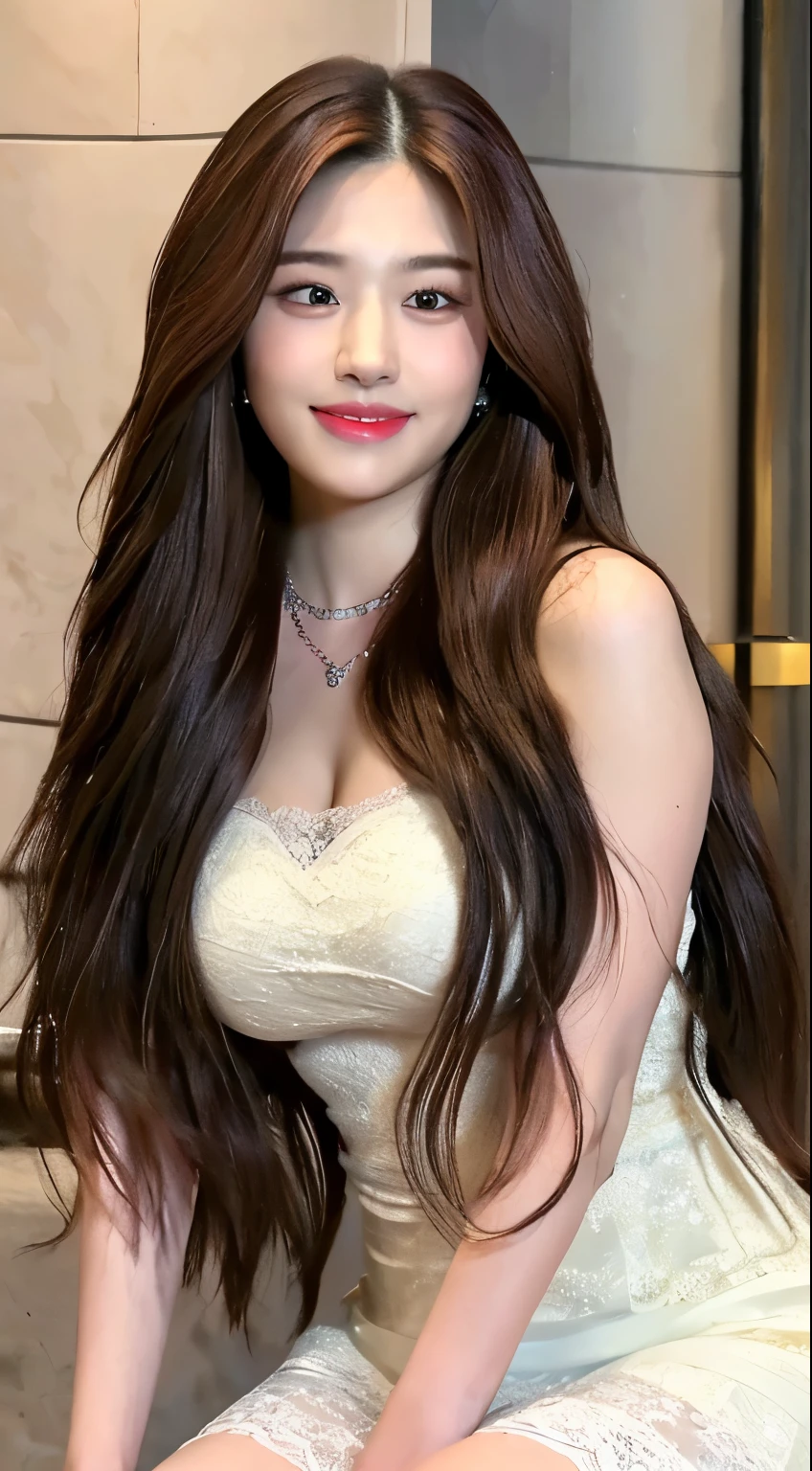 ((Best Quality, 8K, Masterpiece: 1.3)), 1girl, Perfect Body Beauty: 1.3, (Long Random Thick Diva Hairstyle Casual), (( Long Wavy Brown Hair)), (Queen), (Exposed Big Breasts), (Wedding Dress), Super Fine Face, Fine Eyes, Double Eyelids, Smile, Short Skirt, Lace Panties, Earrings, Necklace