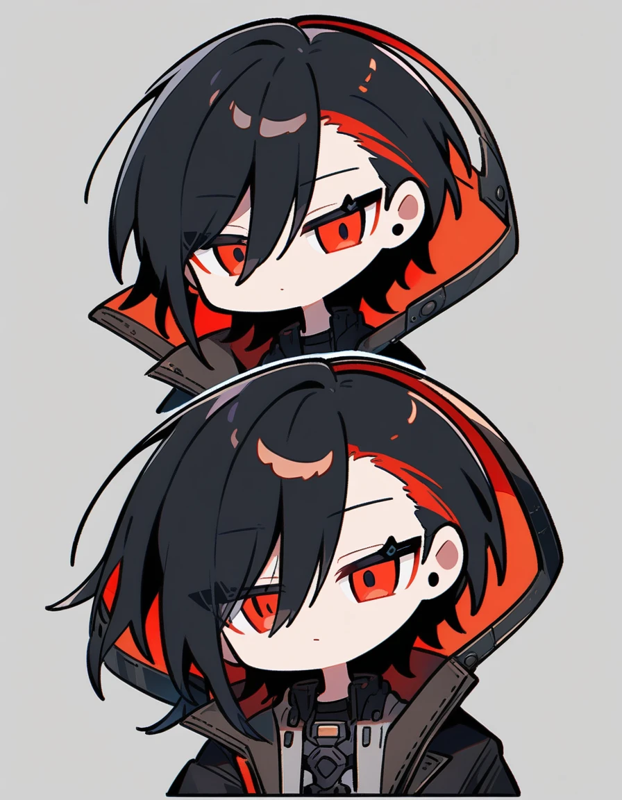 Anime chibi style, portrait, 1boy, androgynous, feminine face, apathetic, black hair, short back hair, long bangs, side parted bangs, red inner hair, coat, jacket, sci-fi