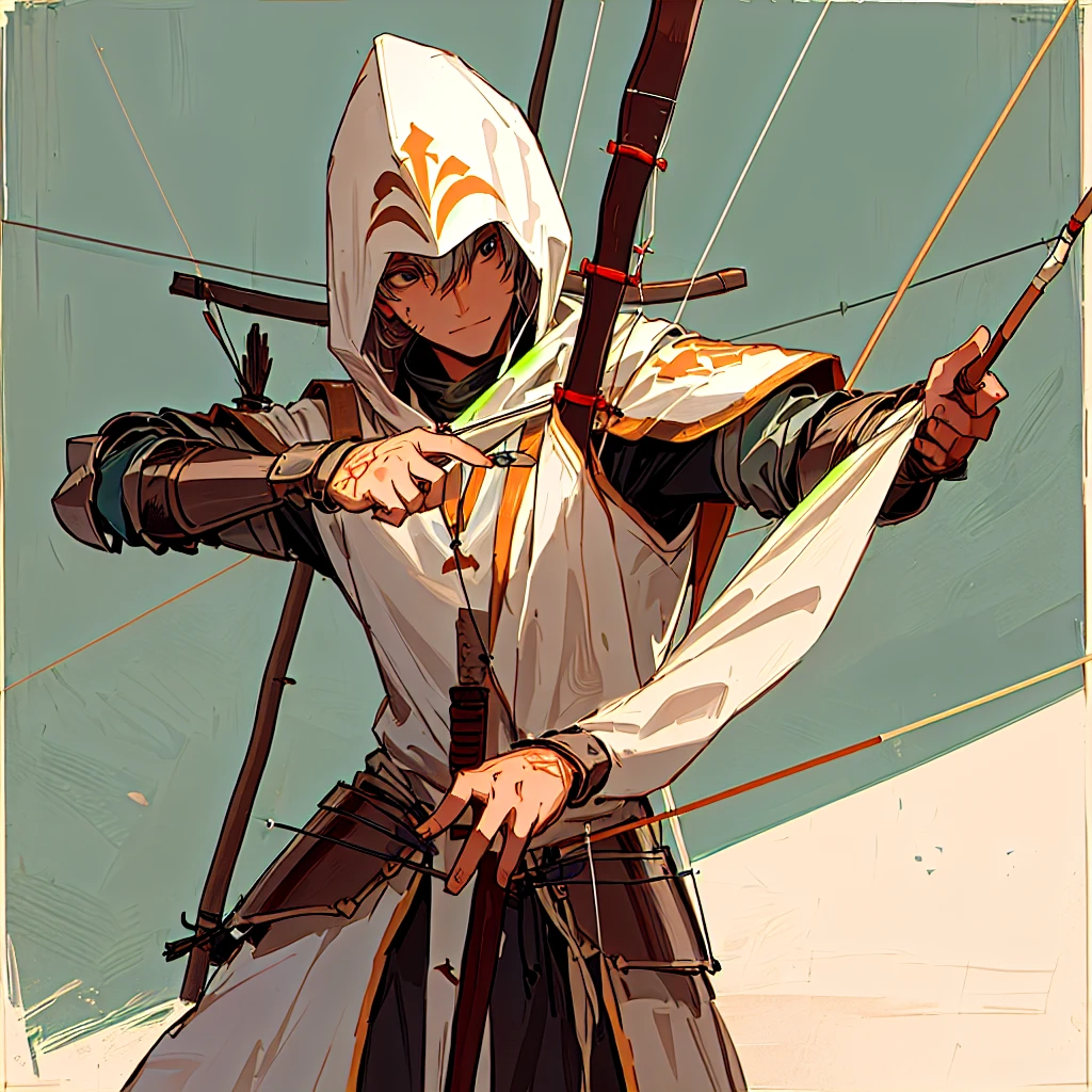 A human archer wearing leather armor and a longbow, trying to shoot an arrow at a ghoul High Priest. hand drawing.