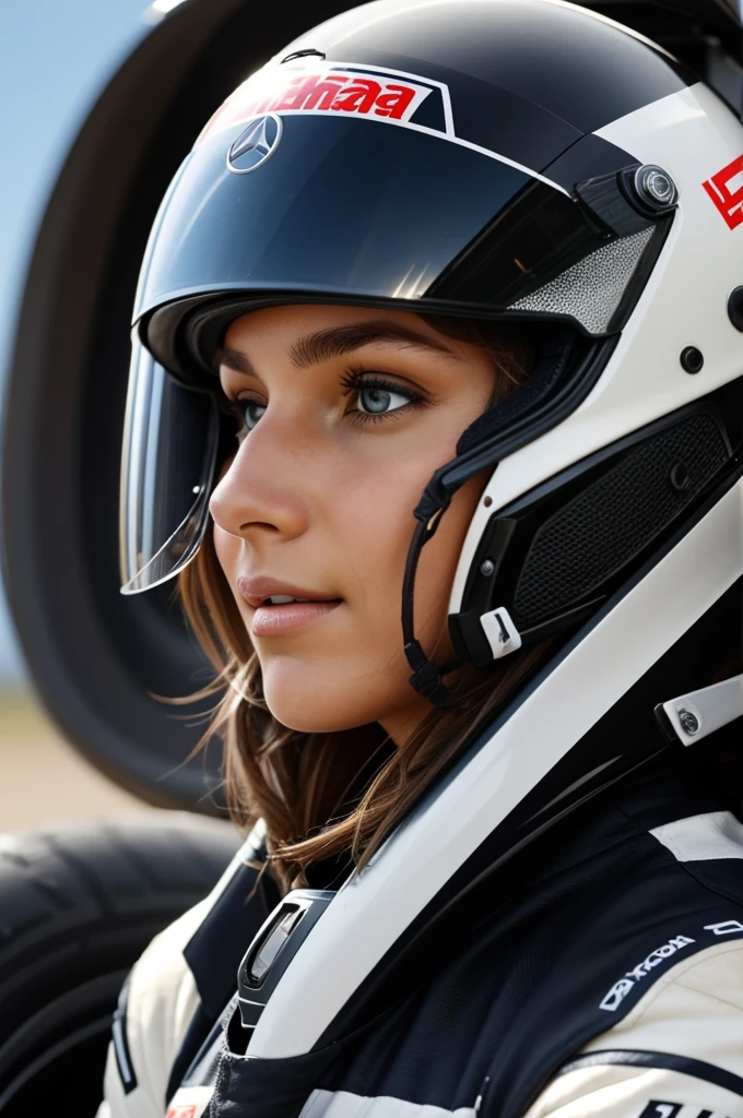 Create an image of a brown-haired girl who is a Formula 1 pilot.. Add a helmet that belongs to the MERCEDES AMG team at his side.