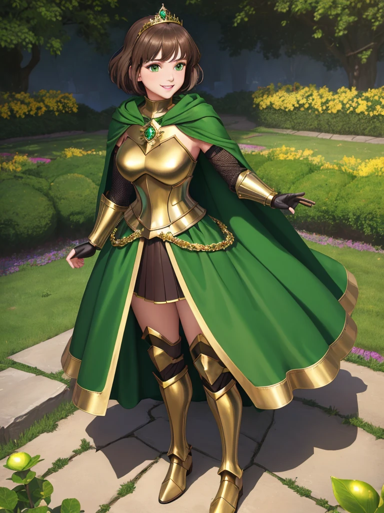masterpiece, best quality:1.2), 1girl, smile, looking at viewer, green eyes, short brown hair, princess, armor, , pauldrons, armored dress, green cloak cape, wearing puffy blue ballgown skirt, golden tiara with green gem, armored boots, fingerless gloves, standing in medieval garden