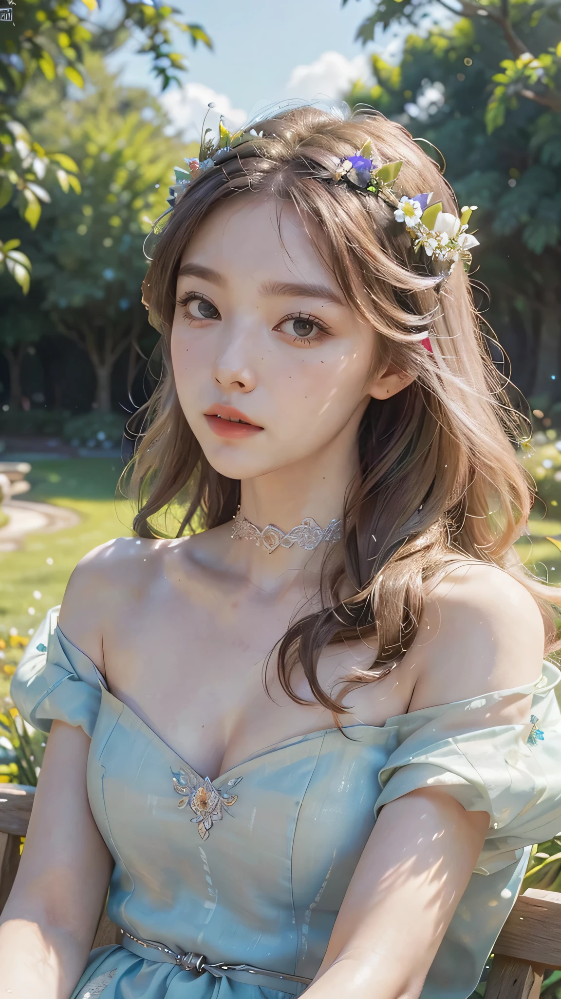 1girl, intricate detailed face, beautiful detailed eyes, beautiful detailed lips, extremely detailed facial features, longeyelashes, porcelain skin, elegant posture, serene expression, flowing hair, flower crown, lush garden, ambient lighting, pastel colors, digital painting, vibrant colors, highly detailed, photorealistic, 8k, masterpiece