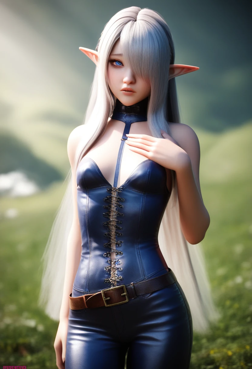 a detailed gnome girl with pale skin, short stature, and very long silver hair that curls at the ends, covering one eye, with small breasts, pouty lips, and bright blue anime-style eyes with long lashes, wearing a corset, white puffy long sleeved shirt, and puffy cloth pants, leather bound boots, set in a windy fantasy landscape, (best quality,4k,8k,highres,masterpiece:1.2),ultra-detailed, dungeons and dragons, long elf ears, small girl, detailed skin and cloth textures, beautiful detailed face, intricate details, extremely detailed, 1girl, dynamic pose with hair covering one eye, shy personality, cloth pants with leather belt