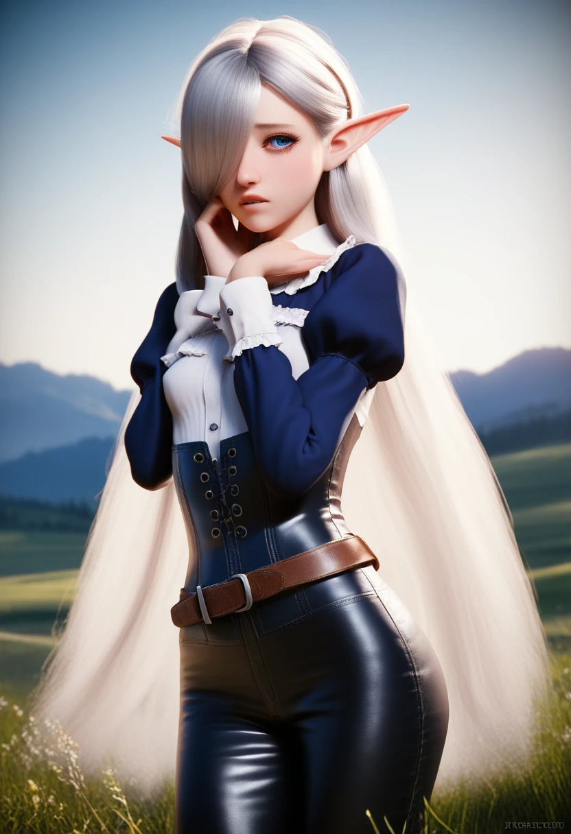 detailed gnome girl with pale skin, short stature, and very long silver hair that curls at the ends, covering one eye, with small breasts, pouty lips, and bright blue anime-style eyes with long lashes, wearing a corset, white puffy long sleeved shirt, and puffy cloth pants, leather bound boots, set in a windy fantasy landscape, (best quality,4k,8k,highres,masterpiece:1.2),ultra-detailed, dungeons and dragons, long elf ears, small girl, detailed skin and cloth textures, cute detailed face, intricate details, extremely detailed, 1girl, dynamic pose with hair covering one eye, shy personality, cloth pants with leather belt