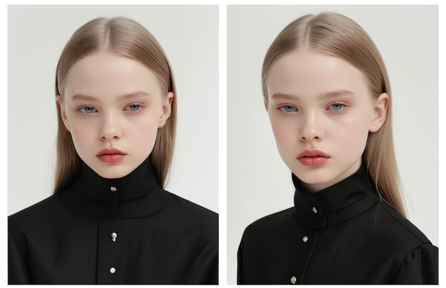fashion full length photo, girl balenciaga mode, with lips apart, ultra white pale skin, light black color, artistic photo, professional photo, perfect cinematic light, full lips, different sides photo