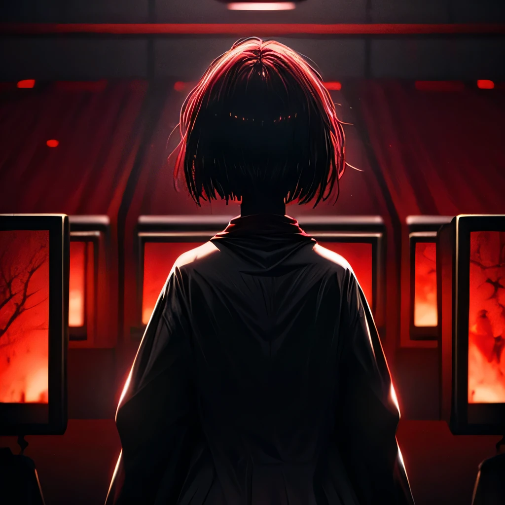 I want a large cinema screen where there's a person on the screen and in front of the screen: a masterpiece. A woman with red eyes stands in front of a window. Her beautiful eyes are visible on a large monitor screen in the background. A girl is in the center, her silhouette standing out. The red lighting highlights her red eyes and the blood. The room is detailed and dimly lit, with light coming from screens and monitor panels. The panels depict girls, and on these panels, many eyes are visible.
