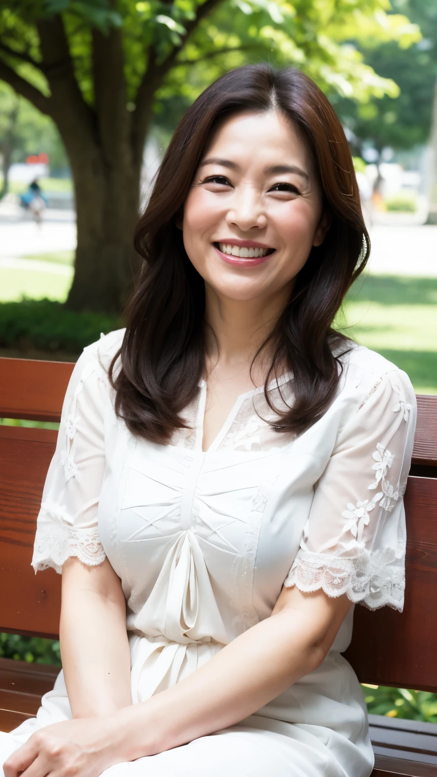 最high quality, In 8K, Masseter region, real, Sharp focus, high quality, High resolution, Detailed face, Fine grain, Thick lips, Background Blur, alone, Full body photography, Middle-aged women, , 65 years old, , Wavy Hair, Cleavage, Wearing a plain short-sleeved knit, Sitting on a park bench, Wrinkles around the eyes, Smiling with teeth showing
