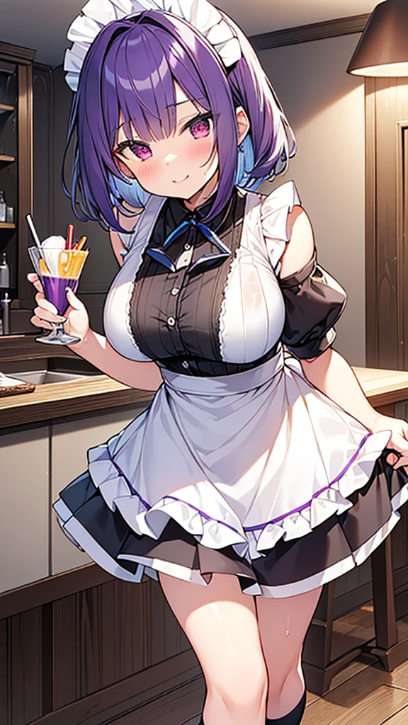 最high quality, high quality, Super detailed, 32k, Ultra-detailed details, waitress(only, Standing, pretty girl, beautiful purple hair, short hair, Beautiful RED eyes, mature, Big Breasts, A light smile, Off-the-shoulder sleeveless Summer メイド服, Summer casual maid clothes, Short skirt, Blue and white color striped underwear, Black knee socks, loafers, My crotch is wet with love juice, 18-year-old,cute), {{The succubus who was disguised as a waitress confirmed that the younger sister had gone into the bathroom alone, then came in after her and took off her sister's face to become her own.}}, She has transformed from a shy maid into a lewd one., A maid with her sister's face stuck on her face is vigorously pistoning her body, A maid who moves her body vigorously without caring if her breasts bounce, Super detailed, indoor, Full body image, ((Head to Toe:1.3)), NSFW