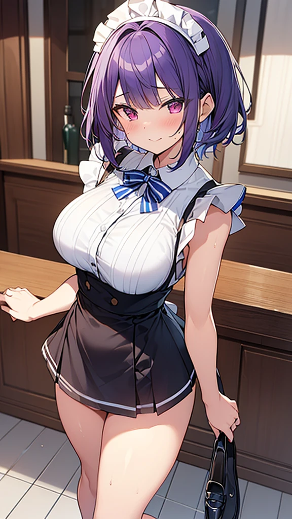 最high quality, high quality, Super detailed, 32k, Ultra-detailed details, waitress(only, Standing, pretty girl, beautiful purple hair, short hair, Beautiful RED eyes, mature, Big Breasts, A light smile, Off-the-shoulder sleeveless Summer メイド服, Summer casual maid clothes, Short skirt, Blue and white color striped underwear, Black knee socks, loafers, My crotch is wet with love juice, 18-year-old,cute), {{The succubus who was disguised as a waitress confirmed that the younger sister had gone into the bathroom alone, then came in after her and took off her sister&#39;s face to become her own.}}, She has transformed from a shy maid into a lewd one., A maid with her sister&#39;s face stuck on her face is vigorously pistoning her body, A maid who moves her body vigorously without caring if her breasts bounce, Super detailed, indoor, Full body image, ((Head to Toe:1.3)), NSFW