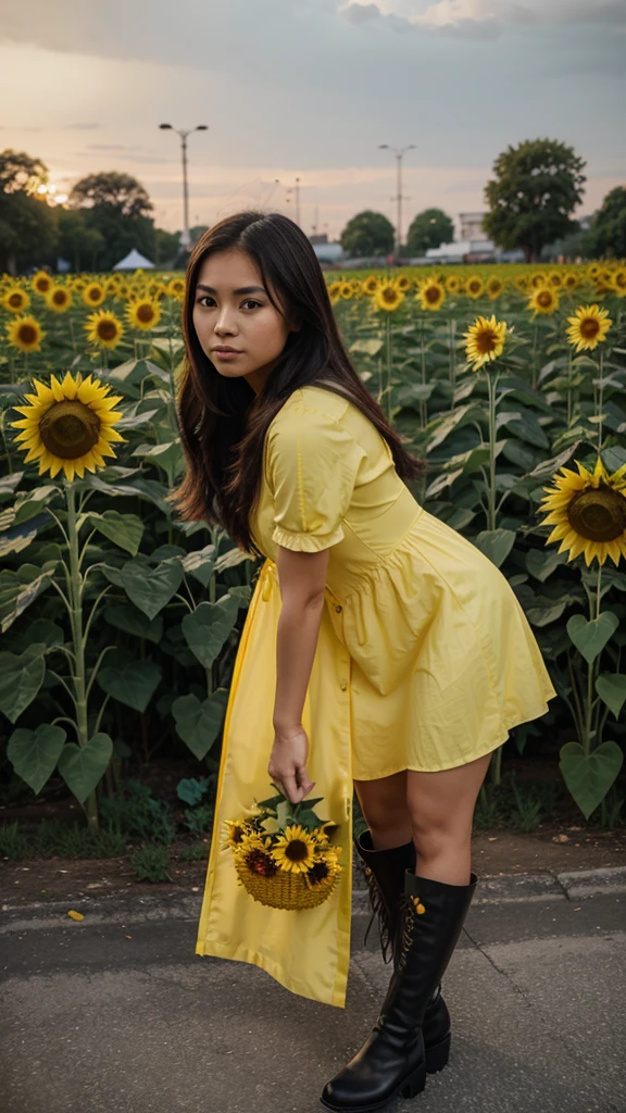 A 25 year old filipina girl wearing a yellow sunflower dress and black long boots the background is nigth and koraen park.