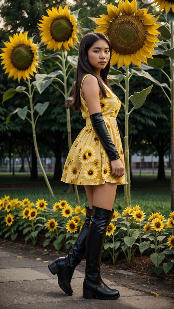 A 25 year old filipina girl wearing a yellow sunflower dress and black long boots the background is nigth and koraen park.