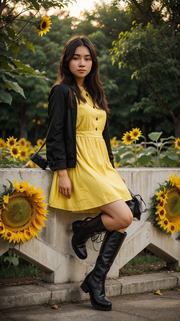 A 25 year old filipina girl wearing a yellow sunflower dress and black long boots the background is nigth and koraen park.