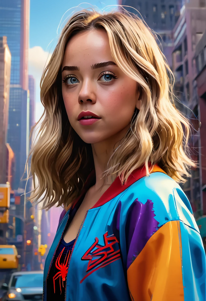 (Masterpiece artwork, 8K, uhd, high resolution: 1.4), stylized portrait of Sydney Sweeney in Spider-Verse art style, (stylized and vibrant features: 1.3), (long and wavy hair, blondes: 1.2), (expressive detailed eyes: 1.2), (modern and dynamic clothing, inspired by the Spider-Verse universe: 1.3), (confident and energetic pose: 1.3), (comic animation elements, with hand-drawn textures and shadows: 1.2), (background with urban and colorful scenes, like skyscrapers and graffiti: 1.1), (vibrant and electrifying atmosphere: 1.3), Intricate and vivid details, (fantasy and action elements: 1.2), (dynamic and captivating perspective: 1.3)