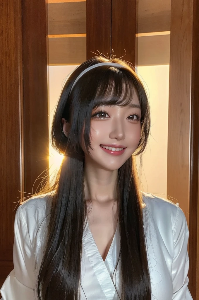 간호사, 빨간머리, 아래에서본구도, 가까이, very long hair, hairband, shy, smile, backlighting, from below, anatomically correct, UHD, masterpiece, accurate, high quality, highres