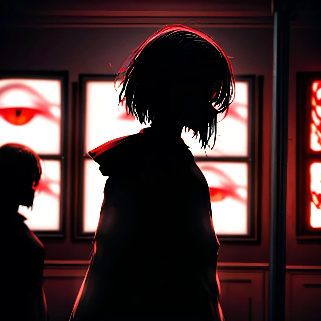 I want a large cinema screen where there's a person on the screen and in front of the screen: a masterpiece. A woman with red eyes stands in front of a window. Her beautiful eyes are visible on a large monitor screen in the background. A girl is in the center, her silhouette standing out. The red lighting highlights her red eyes and the blood. The room is detailed and dimly lit, with light coming from screens and monitor panels. The panels depict girls, and on these panels, many eyes are visible.