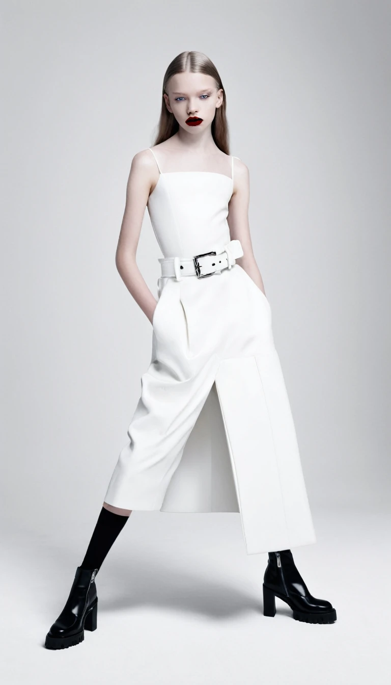 fashion full length photo, girl balenciaga mode, with lips apart, ultra white pale skin, light black color, artistic photo, professional photo, perfect cinematic light, full lips, different sides photo