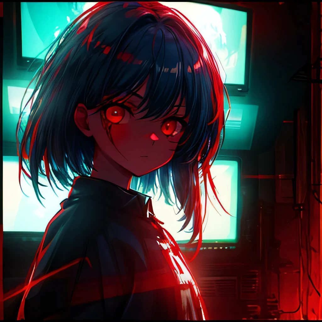 masterpiece, 1 girl, upper body, upclose, girl infront, looks at the viewer, Eyes in TV, Monitors with eyes in background, in doors, red eyes, blood, long blue hair, blue hair, many details, back facing viewer, head turned to look at viewer, emotionless, dim room, only light from tv monitors, monitors with eyes, Many screens showing different things, 1 girl in a screen, detailed eyes in the other screens, well lit, blood on face, blood on hair, blood dripping from eyes, eyes with crosses in them, pale skin, seperate monitors, emotionless face, bright colours, glowing eyes, long hair, white hair, eyes split in half, detailed, neon eyes, beautiful eyes, cool eyes, large monitor screen displaying beautiful eyes in background, girl in the center, silhouette of a girl in the center, red lighting, red eyes, blood, detailed, glowing, dim room, lighting from screens, massive screens displaying giant girl in the background , long hair,in a cinema room, dim lighting, bright lighting, red eyes, ??????? screen panel, eyes in screen panels, long red hair, bright red hair, long hair, hair glowing, well lit, detailed, detailed lighting, well lit hair, well lit face, looking at viewer, dim room, screen monitor panels, monitors with girl in them, emotionless expression, eye in monitor screen, lots of monitor panels, sectioned panels, glowing eyes, red eyes,