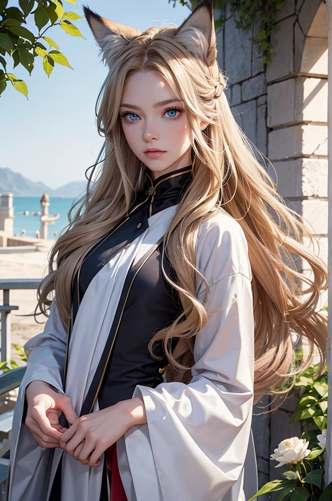 Androgynous young man, very long wavy blond hair, tight-fitting clothes, kemonomimi, fox ear, fox tail, different-colored eyes, light eyes, long eyelashes, gazing at camera, close-up portrait, man, garden, flower, one gray eye and one blue eye, bare torso, castle, red veil, flowers in hair, blond and brown hair.