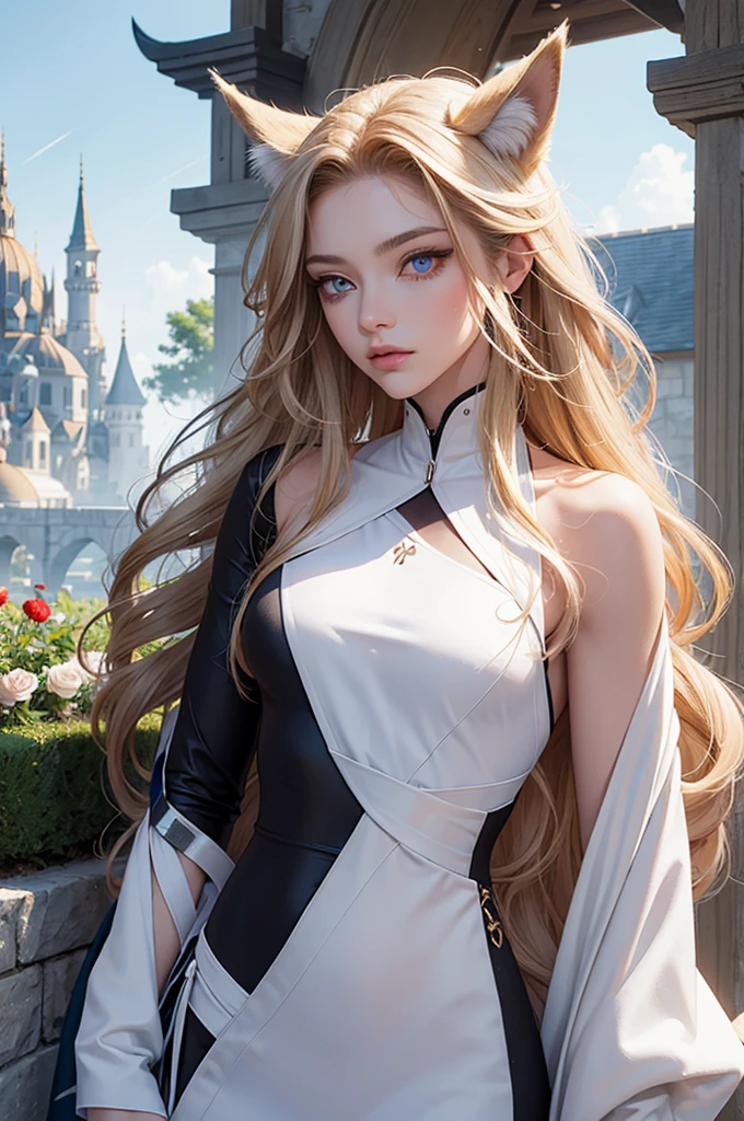 Androgynous young man, very long wavy blond hair, tight-fitting clothes, kemonomimi, fox ear, fox tail, different-colored eyes, light eyes, long eyelashes, gazing at camera, close-up portrait, man, garden, flower, one gray eye and one blue eye, bare torso, castle, red veil, flowers in hair, blond and brown hair.