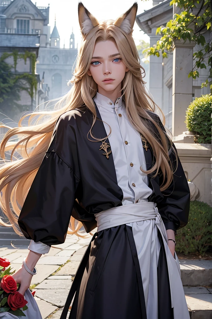 Androgynous young man, very long wavy blond hair, tight-fitting clothes, kemonomimi, fox ear, fox tail, different-colored eyes, light eyes, long eyelashes, gazing at camera, close-up portrait, man, garden, flower, one gray eye and one blue eye, bare torso, castle, red veil, flowers in hair, blond and brown hair.