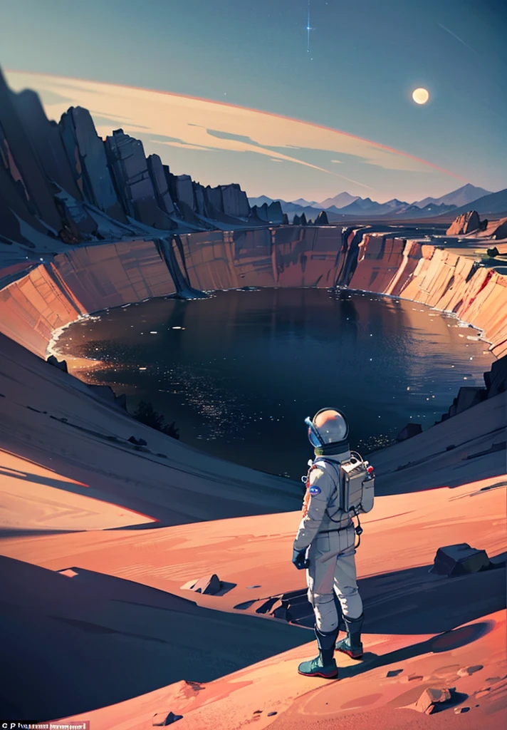 An astronaut stands on the edge of a vast cliff, peering down into an enormous, deep crater that stretches out before them. The Martian night sky is filled with countless stars, casting a gentle glow over the barren, rocky terrain. The depth of the crater is immense, disappearing into darkness, creating a sense of awe and wonder. Jagged rocks and steep slopes surround the scene, with the distant Martian mountains silhouetted against the starry sky. The astronaut's suit is faintly illuminated by their helmet lights, highlighting the surreal beauty of the Martian night.