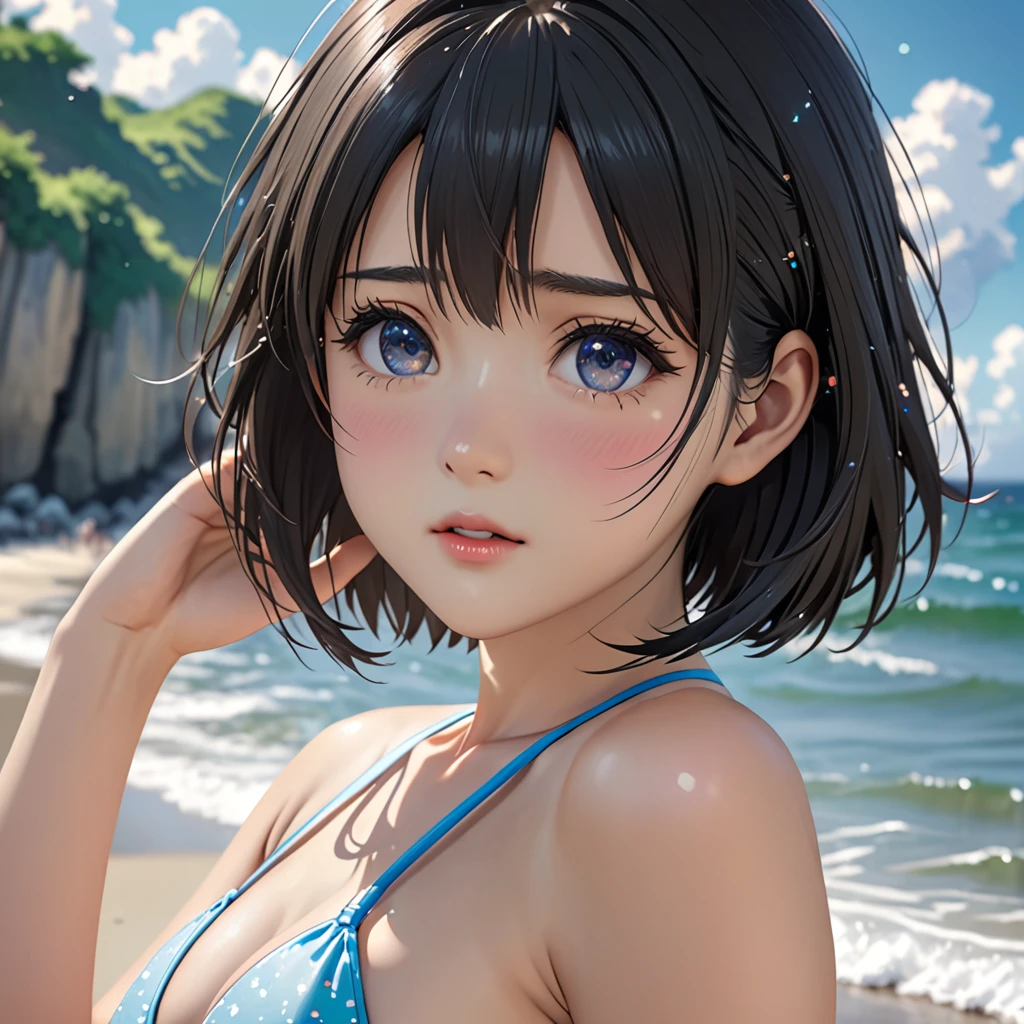 National Science Foundation,masterpiece,High resolution,8K,Art,digit,Three-dimensional,Realism,Kyoto Animation Style,your name movie style,cute,,looking into camera,On the scenic seaside,(1 girl: 1.3),(alone: 1.4),(Small bikini swimsuit),Put your hands behind your head,Black hair,Long eyelashes,Slender legs,Short Bob,Close-up of upper body,Close-up,Close up,Eyes as deep as the starry sky,shy,pain,sad,Awkward