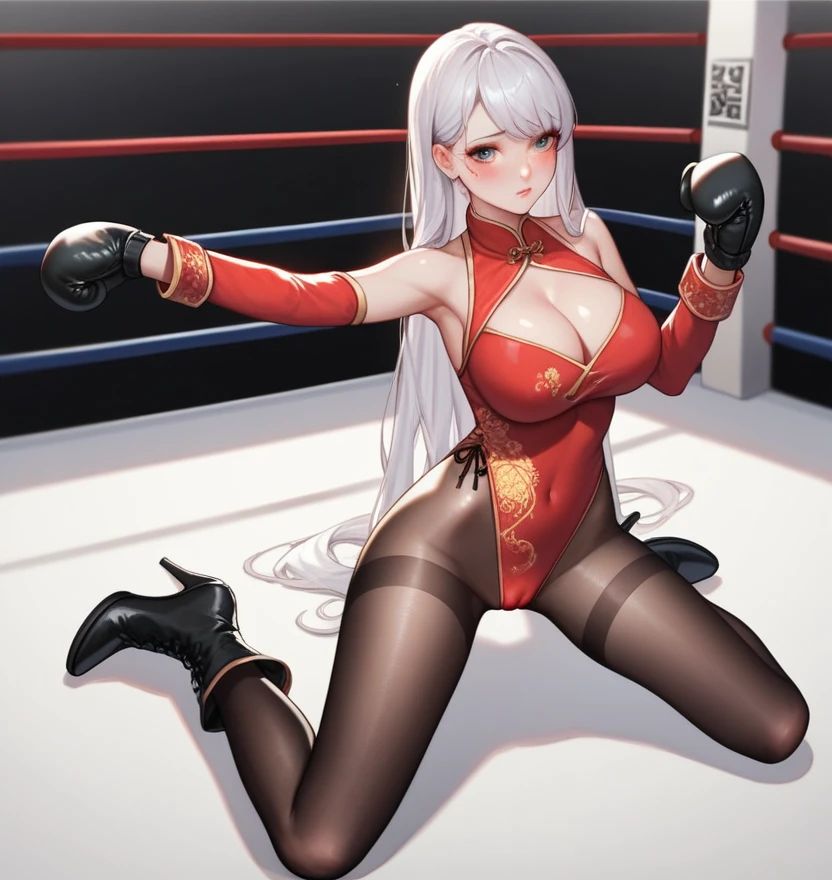 korean beautifull girl,18 years old,Pretty Face,Good shape,detailed picture, Shy expression, blush,White long hair, Wearing cheongsam,Wear black pantyhose,high-heel boots, Wearing black boxing gloves,Wearing sleeves on arms, Kneeling in a sexy pose on the boxing ring,Large Breasts,Cleavage,Long legs,Thin waist,nipple,Camel toe