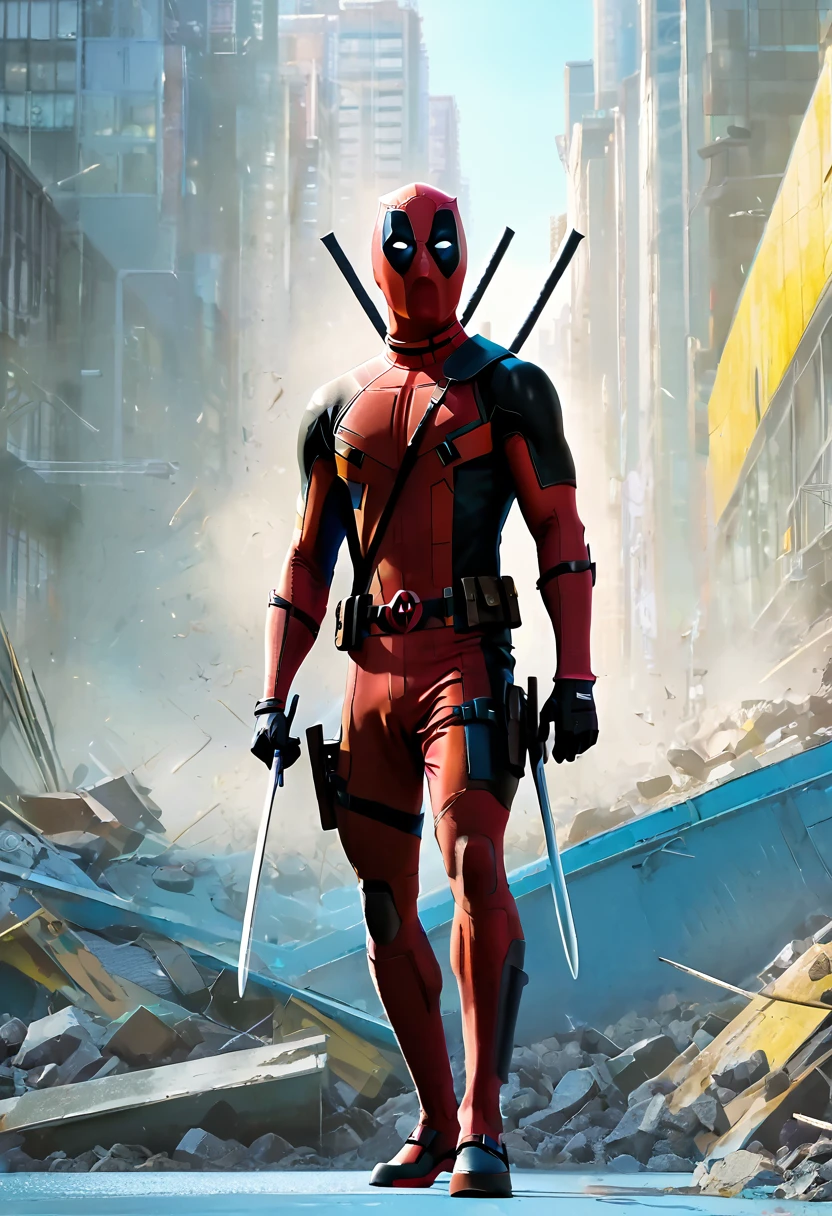 (Masterpiece artwork, 8K, uhd, high resolution: 1.4), Dynamic portrayal of Deadpool and Wolverine in Spider-Verse style, (stylized and vibrant features: 1.3), (Deadpool in red and black costume, ironic and expressive pose: 1.2), (Wolverine in classic yellow and blue costume, extended adamantium claws: 1.2), (comic animation elements, with hand-drawn textures and shadows: 1.2), (background with colorful and energetic urban scenery: 1.1), (action and comedy atmosphere: 1.3), Intricate, vibrant details, (fantasy and adventure elements: 1.2), (dynamic and captivating perspective: 1.3)