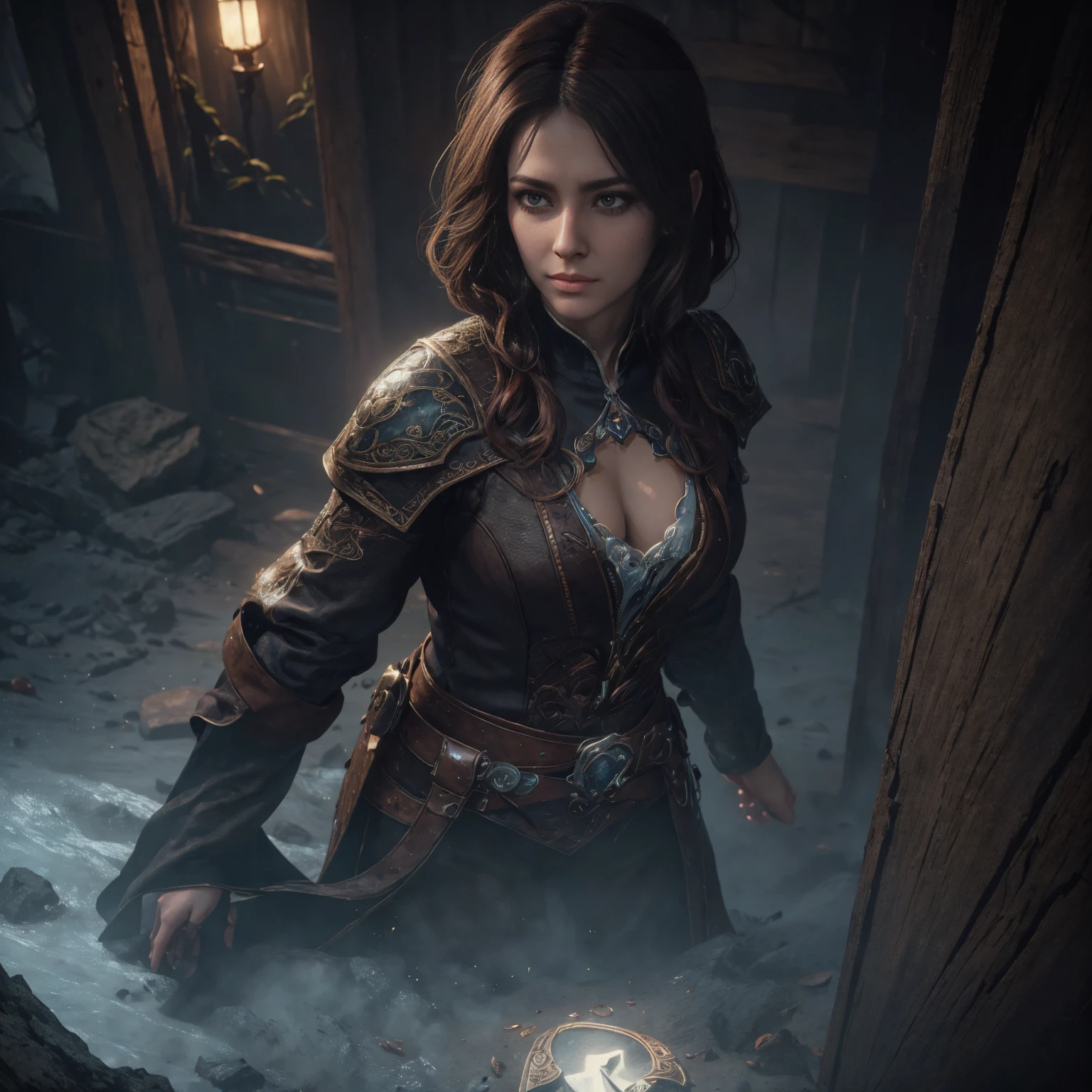 (Best quality,4K,8 k,A high resolution,masterpiece:1.2),ultra detailed,realistic:1.37,Heart of the Shadow from Baldur&#39;s Gate,Elven Ranger,beautiful detailed blue eyes,radiant smile,flowing brown hair,serious expression,fierce determination,Charismatic aura,ornate elven armor with intricate patterns,sharp elven longbow,Elven arrow quiver,Forest background,soft sunlight, Making His Way Through the Trees,mysterious shadows dance on her face,bright colors,Delicate warm color palette,portraits,Dark Fantasy Aesthetics,studio lighting