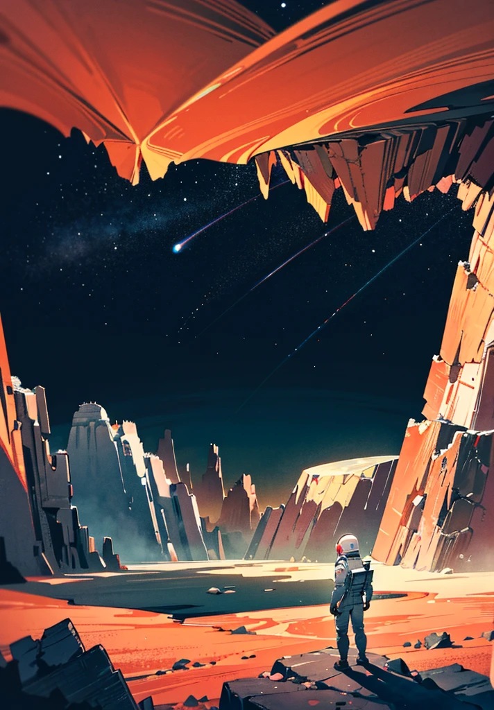 An astronaut stands on the edge of a vast cliff, peering down into an enormous, deep crater that stretches out before them. The Martian night sky is filled with countless stars, casting a gentle glow over the barren, rocky terrain. The depth of the crater is immense, disappearing into darkness, creating a sense of awe and wonder. Jagged rocks and steep slopes surround the scene, with the distant Martian mountains silhouetted against the starry sky. The astronaut's suit is faintly illuminated by their helmet lights, highlighting the surreal beauty of the Martian night.