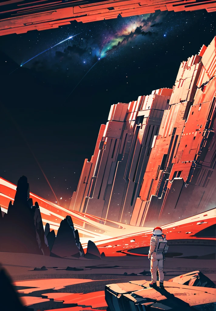 An astronaut stands on the edge of a vast cliff, peering down into an enormous, deep crater that stretches out before them. The Martian night sky is filled with countless stars, casting a gentle glow over the barren, rocky terrain. The depth of the crater is immense, disappearing into darkness, creating a sense of awe and wonder. Jagged rocks and steep slopes surround the scene, with the distant Martian mountains silhouetted against the starry sky. The astronaut's suit is faintly illuminated by their helmet lights, highlighting the surreal beauty of the Martian night.
