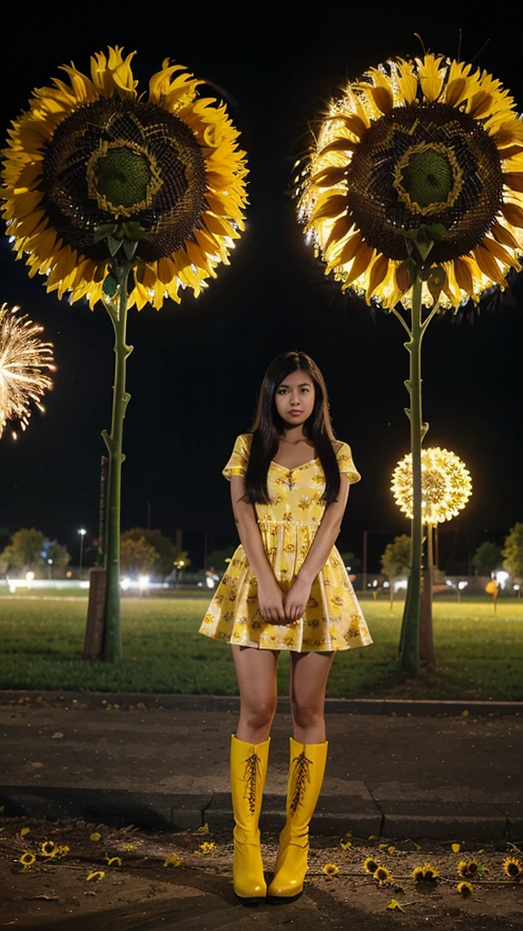 A 25 year old filipina girl wearing a yellow sunflower dress and black long boots the background is nigth and koraen park and fireworks.