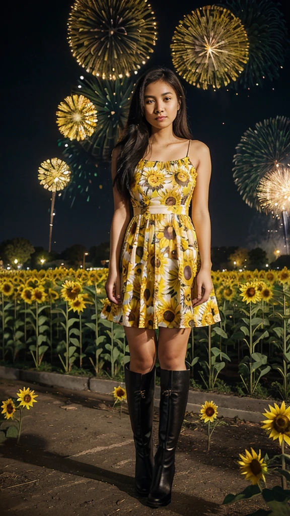 A 25 year old filipina girl wearing a yellow sunflower dress and black long boots the background is nigth and koraen park and fireworks.