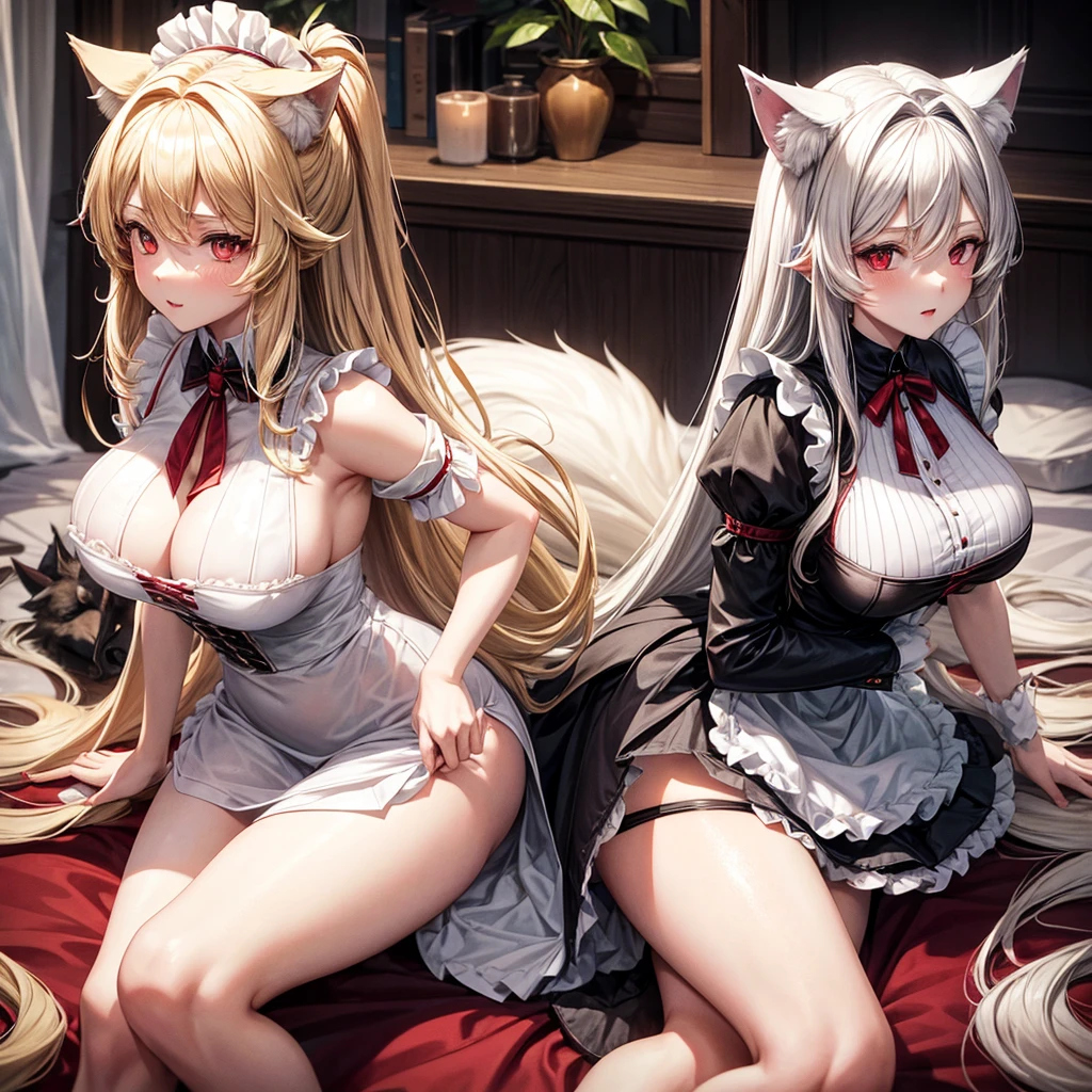 Female wolf, wears short maid clothes showing her panties, has long fluffy blonde hair, has red eyes, has large breasts, He has wolf ears and a wolf tail.
