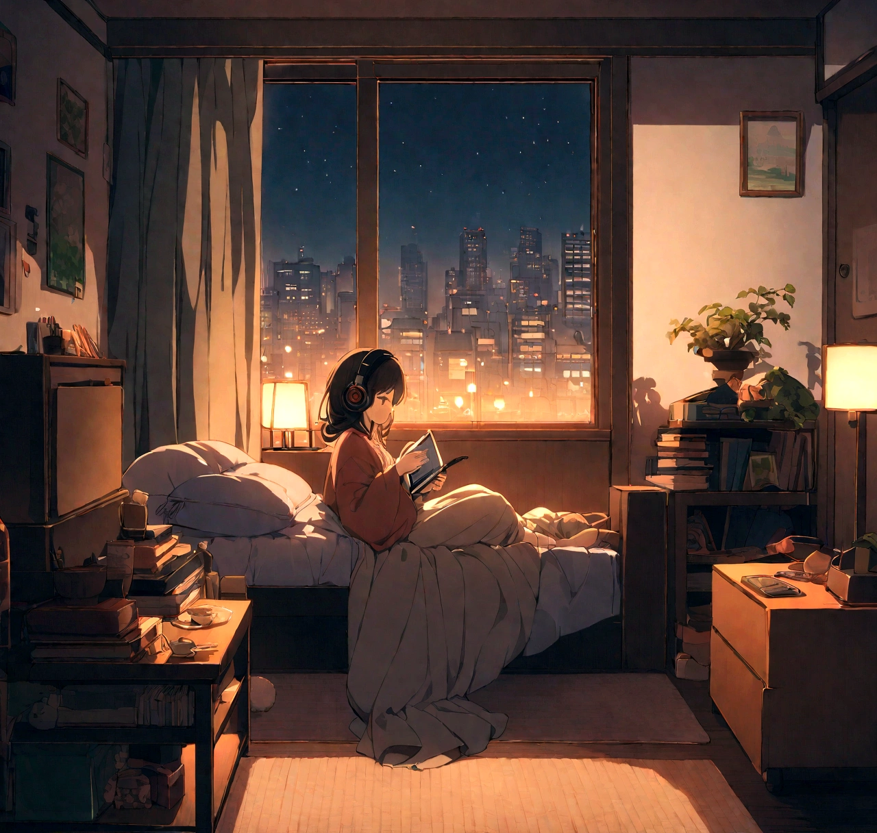 midnight、A beautiful girl in casual clothes studying while listening to music with headphones in her room。Dim lighting。Outside the room, there are many tall buildings.。Japanese anime style。