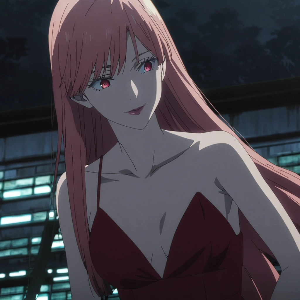 1girl, female gojo satoru, anime screencap from jujutsu kaisen, gojo satoru female version, solo, very long straight red_hair, ((smooth texture hair)) Red eyes ((very long red_hair)), night view, breasts, upper_body, smile, bangs, Red_eyes, lips, () (( very long straight hair, swept bangs)) wearing red color party dress, bare shoulder , collarbone, breast, "very detailed and high resolution" (Red eyes) ((solo)) ((high resolution))  (Good quality)  