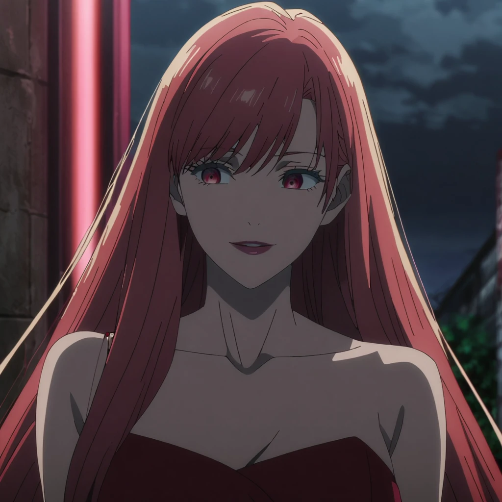 1girl, female gojo satoru, anime screencap from jujutsu kaisen, gojo satoru female version, solo, very long straight red_hair, ((smooth texture hair)) Red eyes ((very long red_hair)), night view, breasts, upper_body, smile, bangs, Red_eyes, lips, () (( very long straight hair, swept bangs)) wearing red color party dress, bare shoulder , collarbone, breast, "very detailed and high resolution" (Red eyes) ((solo)) ((high resolution)) (Good quality)