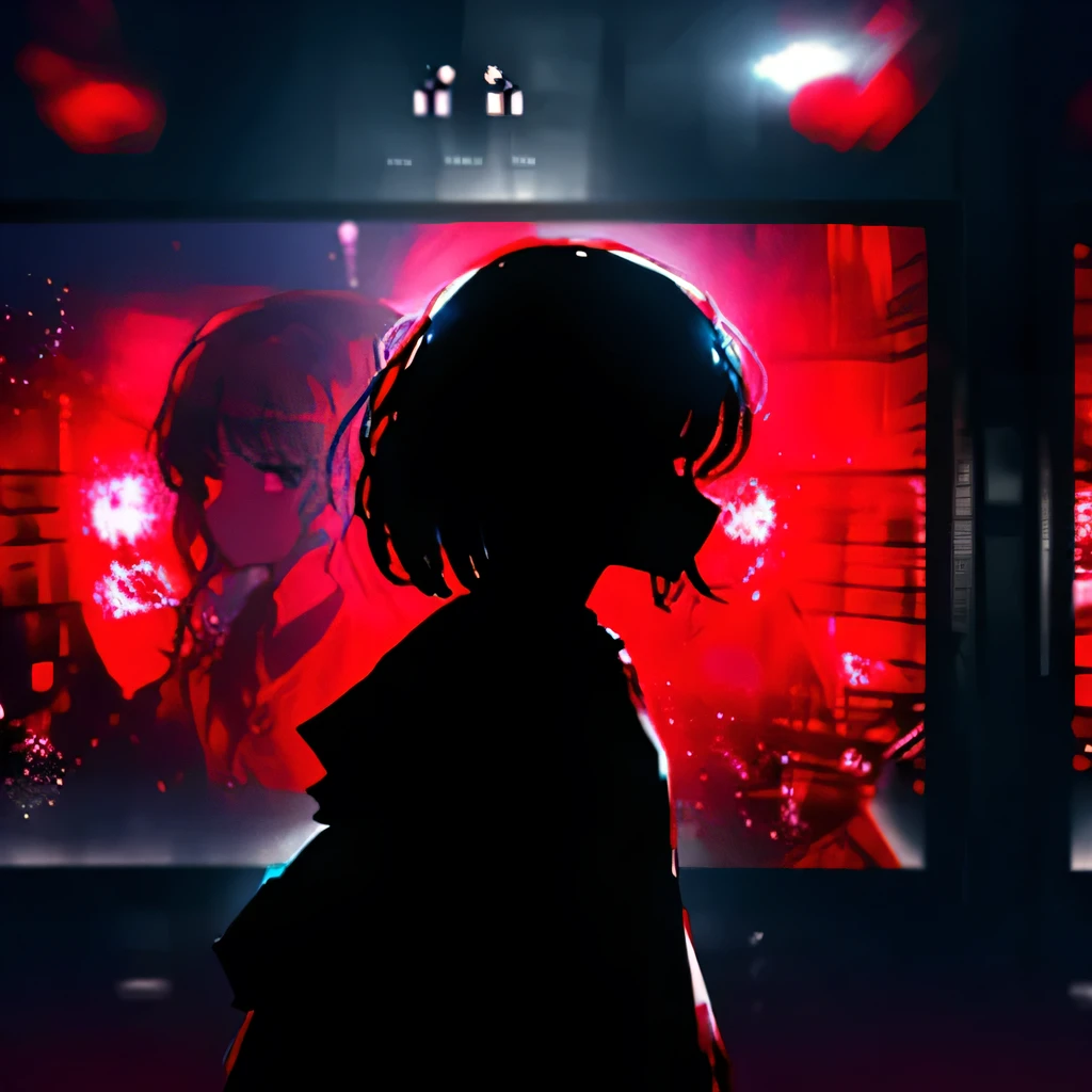 a woman with red eyes standing in front of a window, trending on pixiv, behind her is a scary atmosphere, panoramic centered view of girl, anime lighting, forced witness, glass cover, heavy makeup, (screens),A beautiful silhouette of girl with blood particles floating around her, illuminated by a flickering TV monitor displaying a mesmerizing artwork of anime girl,conveying a sense of mystery and intensity,by a renowned anime artist, with a dark and atmospheric background filled with screens and displays, yet captivating the viewer's gaze,(very long hair),(full width cinema screens and displays:1.4),(giant cinema screens and displays:1.6),(zoom at the face:1.3), ((focus on the face:1.3)),((there are girls in giant cinema screens and displays:1.9)), (multiple taint of red 0.6), (soft drops of blood tears), ((dark colors 1.6))