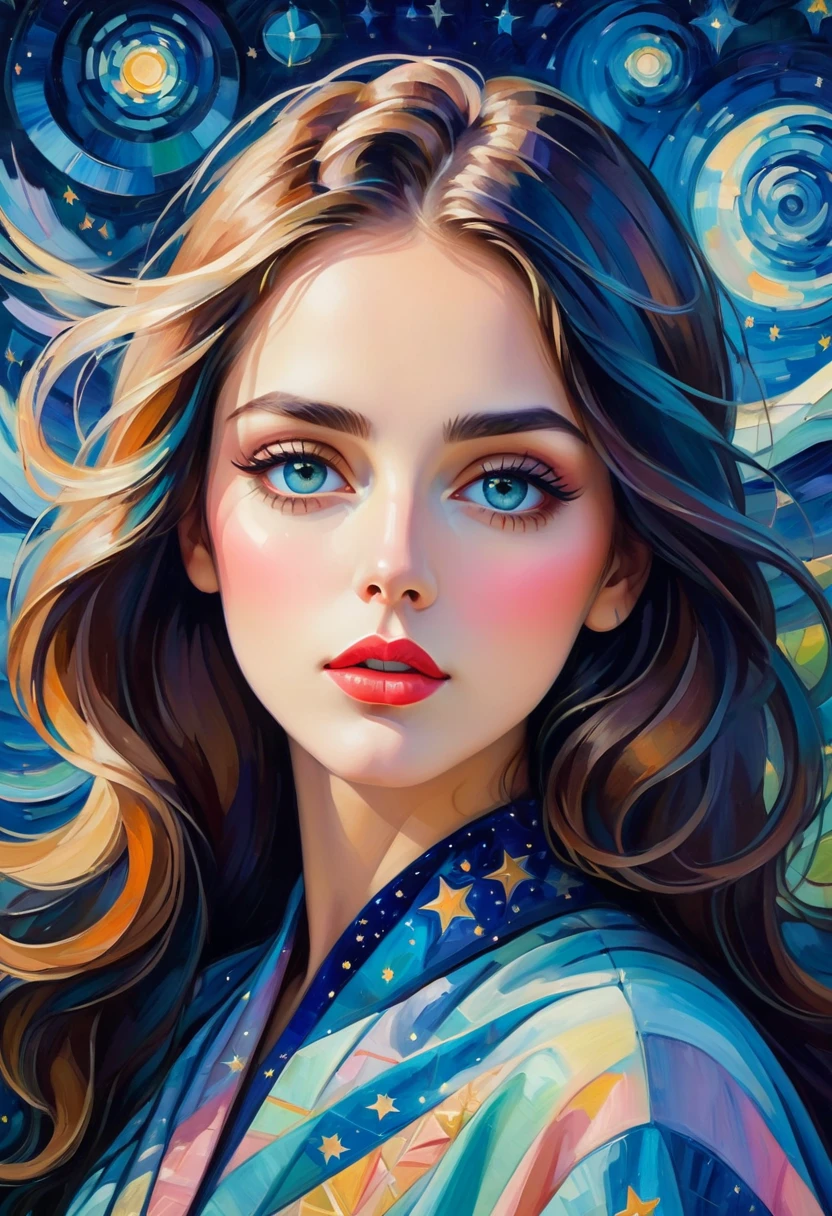 (best quality,actual,high resolution:1.2),pastel tones, painting,Impressionist strokes,from cubism, Fauvism to Surrealism and Abstraction, Beautiful and delicate eyes of a woman,Beautiful and delicate lips,flowing hair, Their artistic concepts and patterns are reflected in the clothing design.starry sky background