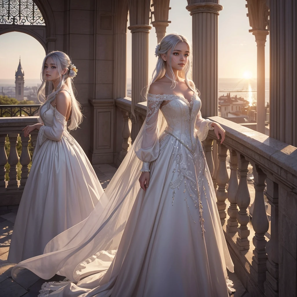 (Extreme Detail CG Unity 8K wallpaper, masterpiece, highest quality), (Exquisite lighting and shadow, highly dramatic picture, Cinematic lens effect), a beautiful girl in a white Spider-Man costume, white lingerie, silver gray hair color, long hair, from the Spider-Man parallel universe, Wenger, Marvel, Spider-Man, on the ancient tower, very beautiful face, dynamic pose), (excellent detail, excellent lighting, wide angle), (excellent rendego on ancient tower, enough to stand out in its clasocus on white Spider-Man costumes, complex spider textures