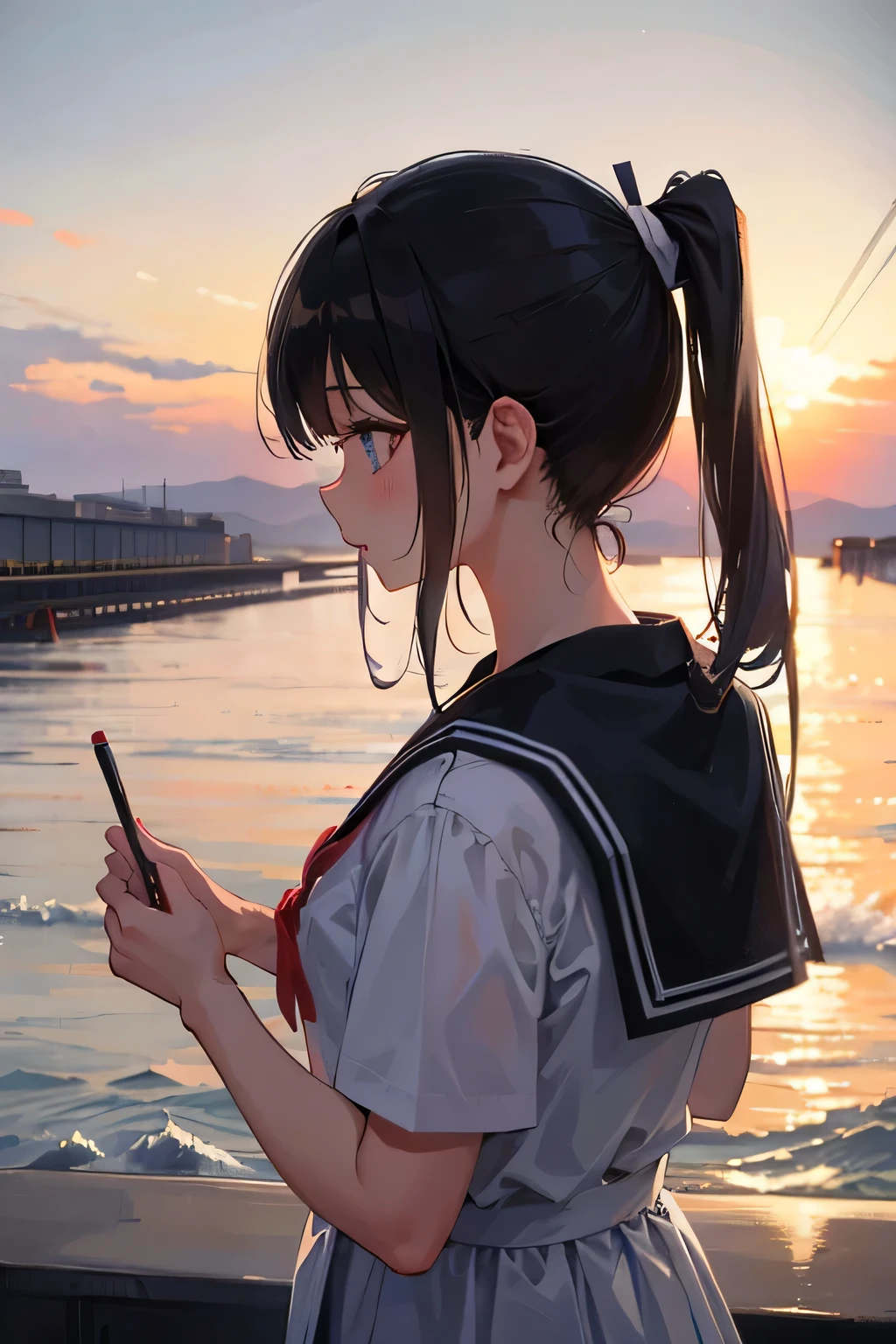 girl、ponytail、Sailor suit、profile、Railroad crossing、Ocean、train、Crayon Art
