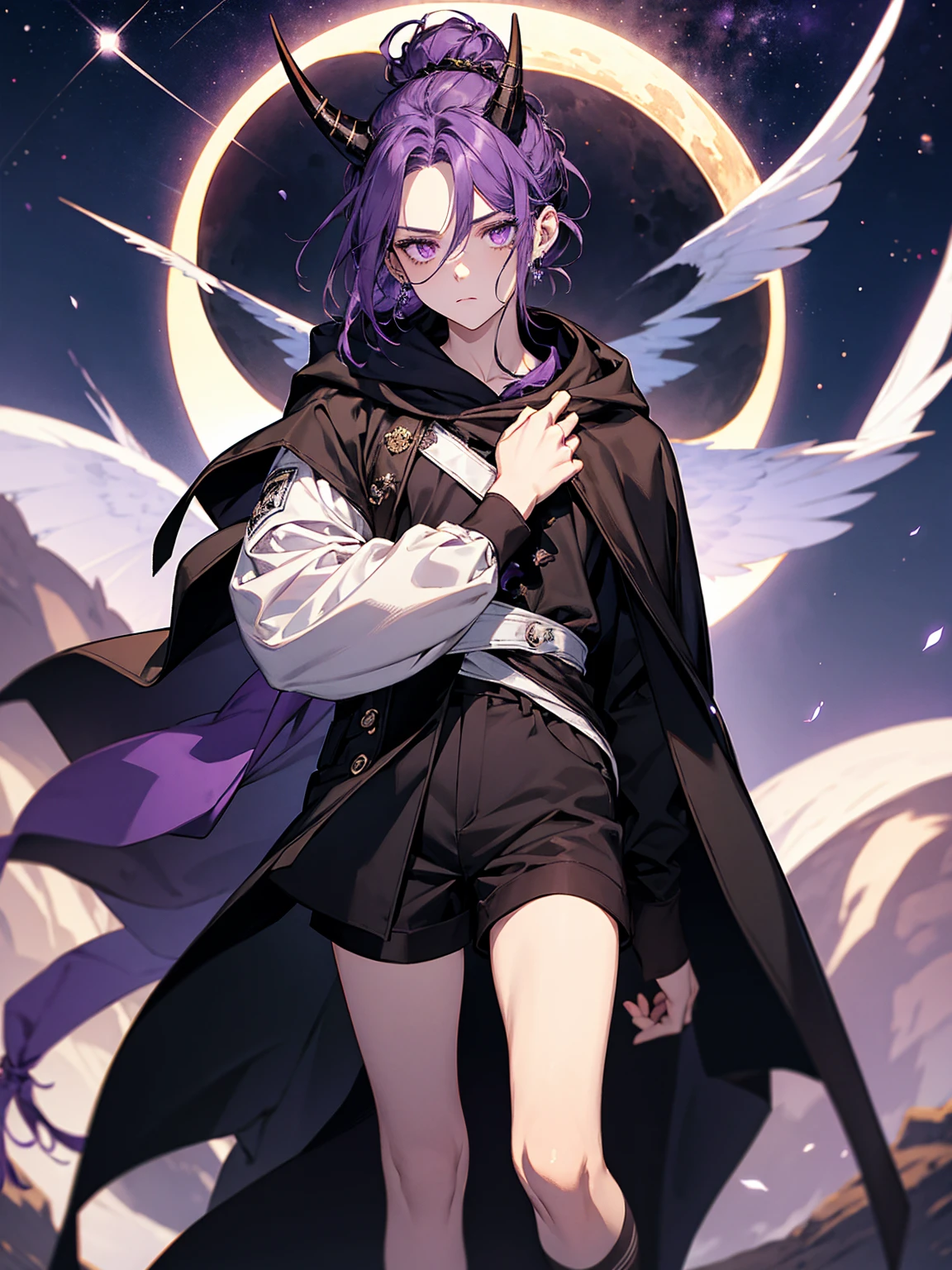 boy. thoughtful look. open forehead. black and purple hair tied in a bun on the left side to one side. winding black horns wrapped in white ribbon. white violet eyes. in short dark purple shorts. long white T-shirt. dark purple knee-high socks. dark purple long cloak inside white with hood, moonlight and stars
, background – Solar system, Flying pages