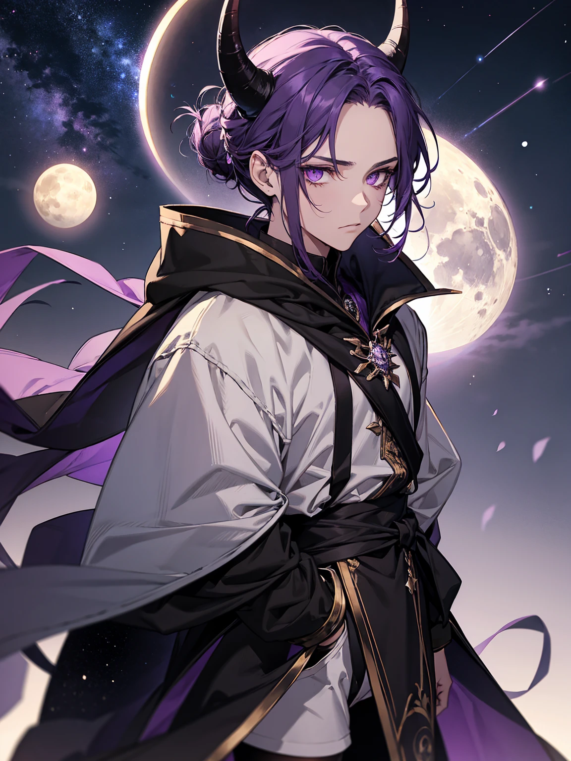 boy. thoughtful look. open forehead. black and purple hair tied in a bun on the left side to one side. winding black horns wrapped in white ribbon. white violet eyes. in short dark purple shorts. long white T-shirt. dark purple knee-high socks. dark purple long cloak inside white with hood, moonlight and stars
, background – Solar system, Flying pages
