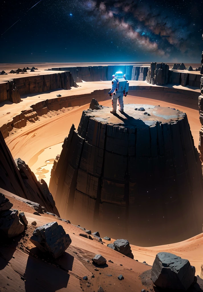 An astronaut stands on the edge of a vast cliff, peering down into an enormous, deep crater that stretches out before them. The Martian night sky is filled with countless stars, casting a gentle glow over the barren, rocky terrain. The depth of the crater is immense, disappearing into darkness, creating a sense of awe and wonder. Jagged rocks and steep slopes surround the scene, with the distant Martian mountains silhouetted against the starry sky. The astronaut's suit is faintly illuminated by their helmet lights, highlighting the surreal beauty of the Martian night.