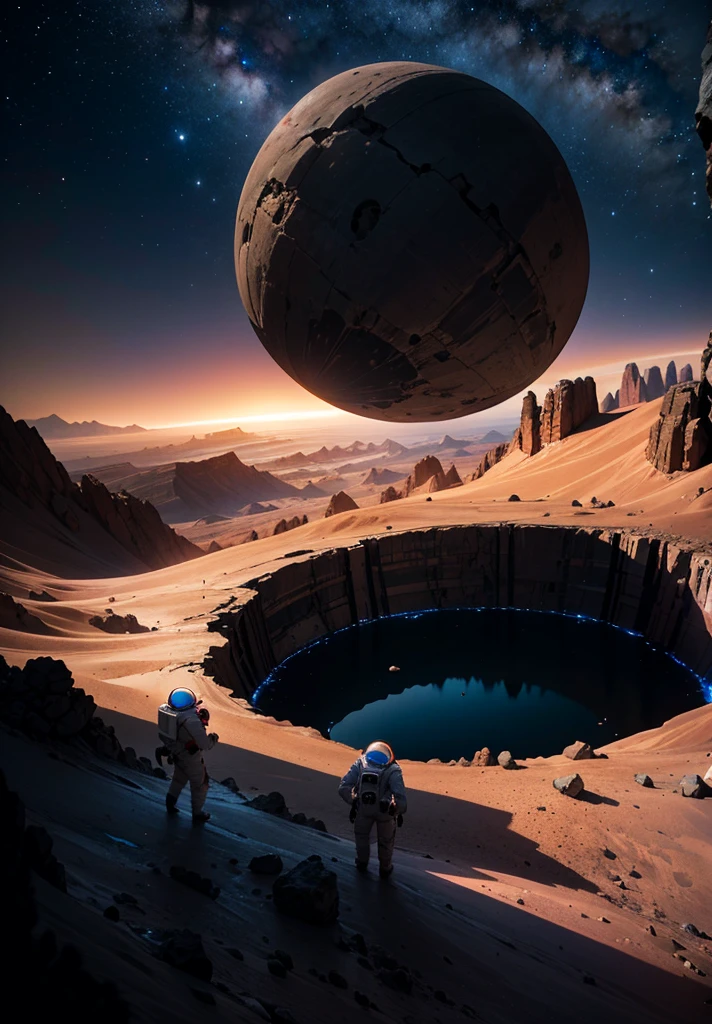 An astronaut stands on the edge of a vast cliff, peering down into an enormous, deep crater that stretches out before them. The Martian night sky is filled with countless stars, casting a gentle glow over the barren, rocky terrain. The depth of the crater is immense, disappearing into darkness, creating a sense of awe and wonder. Jagged rocks and steep slopes surround the scene, with the distant Martian mountains silhouetted against the starry sky. The astronaut's suit is faintly illuminated by their helmet lights, highlighting the surreal beauty of the Martian night.