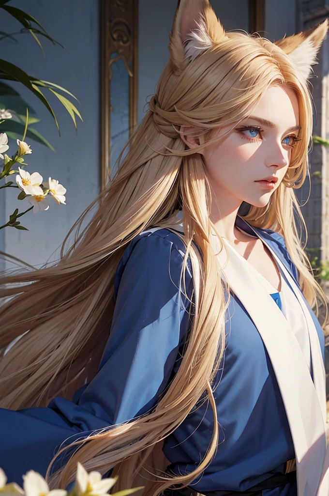 Androgynous young man, very long wavy blond hair, tight-fitting clothes, kemonomimi, fox ear, fox tail, different-colored eyes, light eyes, long eyelashes, gazing at camera, close-up portrait, man, garden, flower, one gray eye and one blue eye, bare torso, castle, red veil, flowers in hair, blond and brown hair.