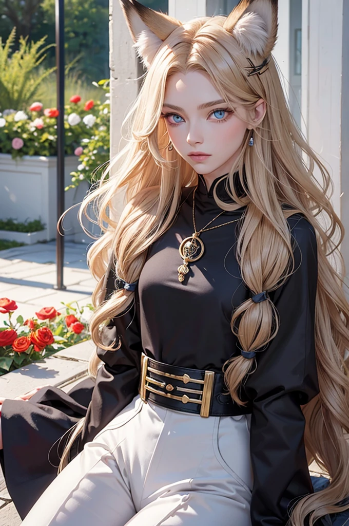 Androgynous young man, very long wavy blond hair, tight-fitting clothes, kemonomimi, fox ear, fox tail, different-colored eyes, light eyes, long eyelashes, gazing at camera, close-up portrait, man, garden, flower, one gray eye and one blue eye, bare torso, castle, red veil, flowers in hair, blond and brown hair.