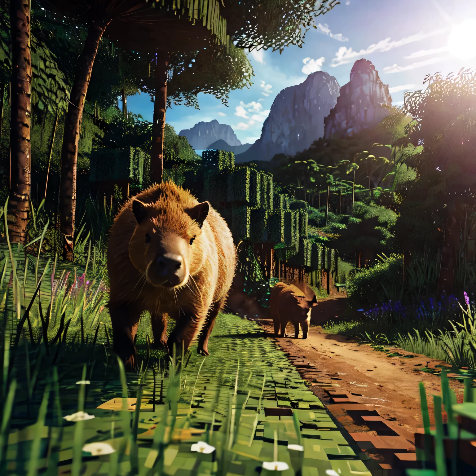 Camera man view, illustration, pov, a capybara running to the viewer in a dense jungle, Dark green minecraft blocks blooming behind the capybara, beautiful landscape background with mountains and a tepui, highly detailed, hyperrealistic, 8k, best quality, photorealistic, ultra-detailed, vibrant colors, dramatic lighting, cinematic composition, award-winning digital art