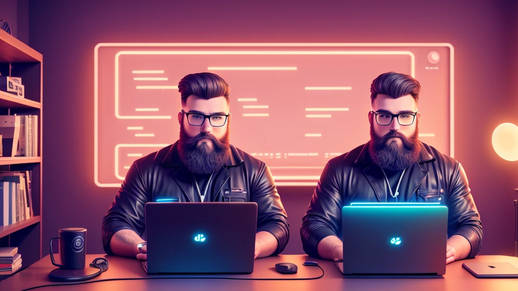 max , a macho big geek , with a hipo beard sitting at a table with a laptop and a microphone, unsplash, realism, , in a streamer studio room, neon ambiance , looking to camera, portrait shot 8 k, photo portrait, looking towards the camera , ultra detail, high resolution, ultra detailed, best quality, amazing, top quality, extremely detailed CG unity 8k wallpaper, cinematic lighting.